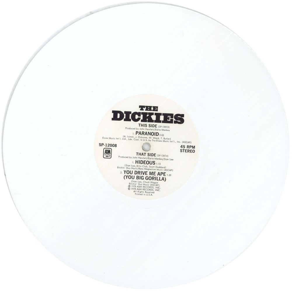 The Dickies Paranoid - White Vinyl US 10" vinyl single (10 inch record) DIC10PA860472