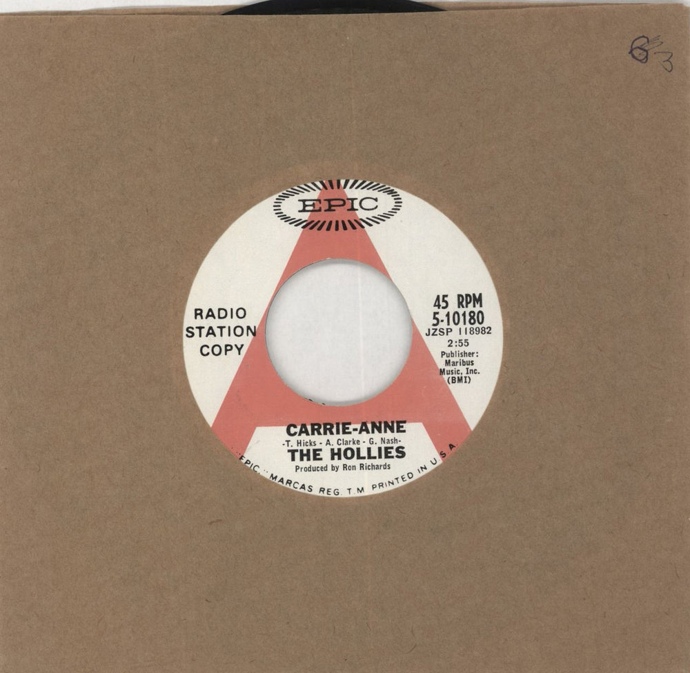 The Hollies Carrie-Anne US Promo 7" vinyl single (7 inch record / 45) 5-10180