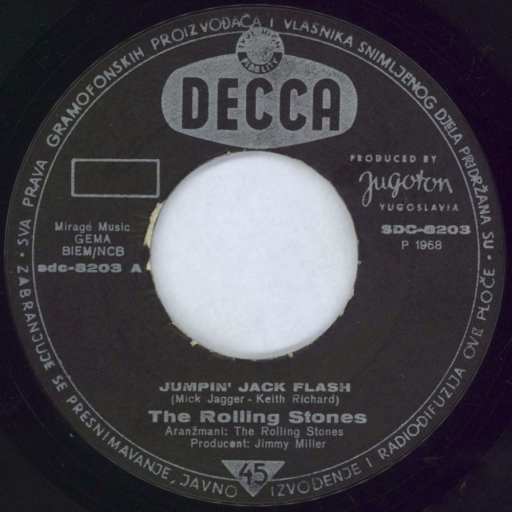 The Rolling Stones Jumpin' Jack Flash Yugoslavian 7" vinyl single (7 inch record / 45) ROL07JU114954