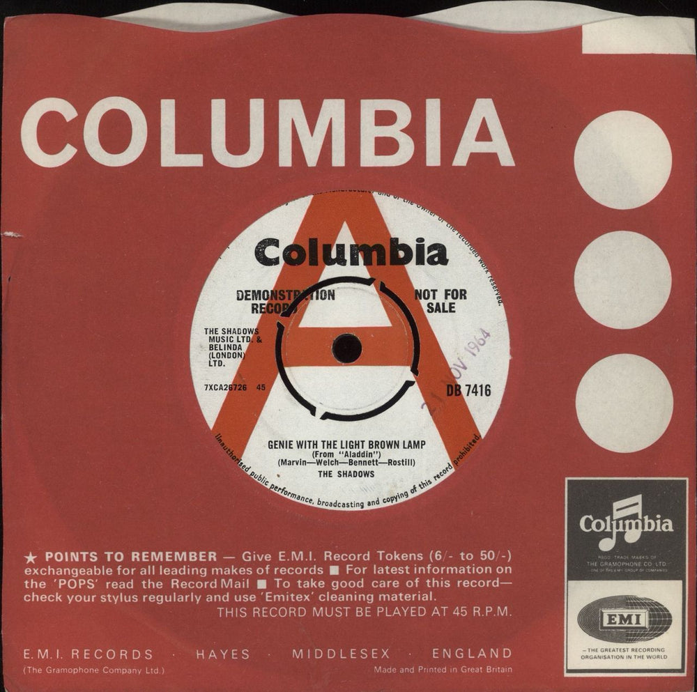 The Shadows Genie With The Light Brown Lamp UK Promo 7" vinyl single (7 inch record / 45) DB7416