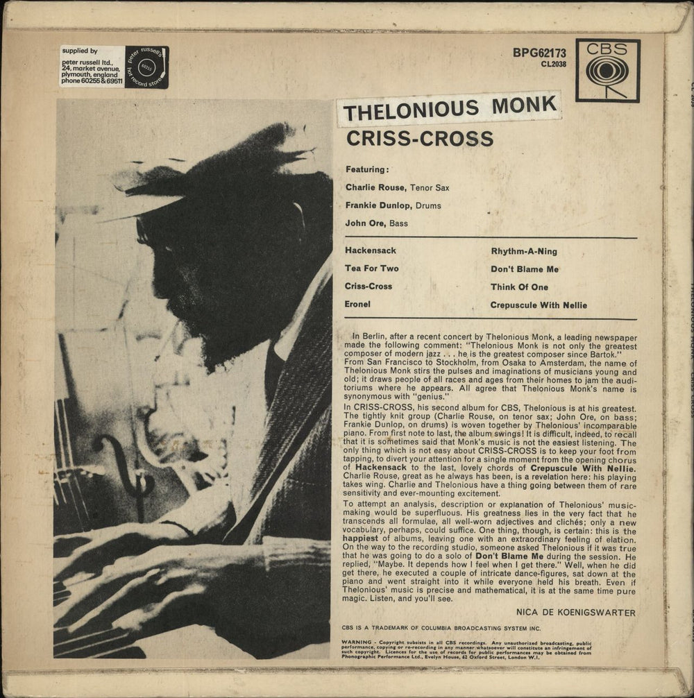 Thelonious Monk Criss-Cross - 1st - VG UK vinyl LP album (LP record)