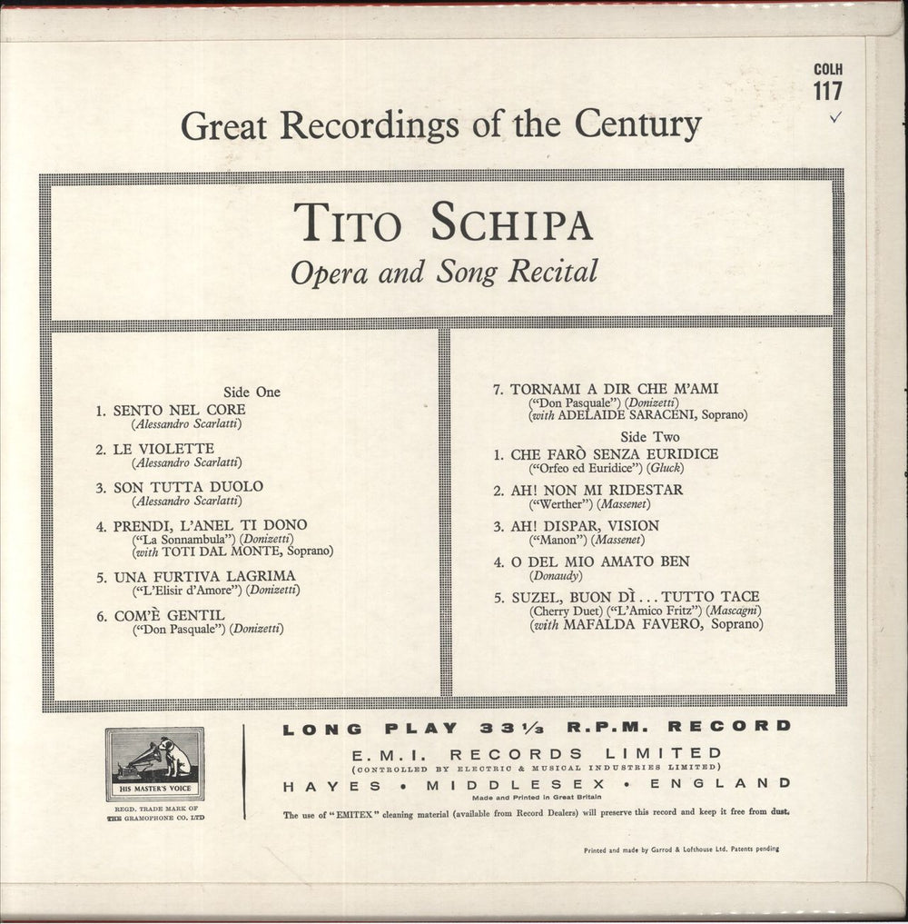 Tito Schipa Operatic and Song Recital UK vinyl LP album (LP record)