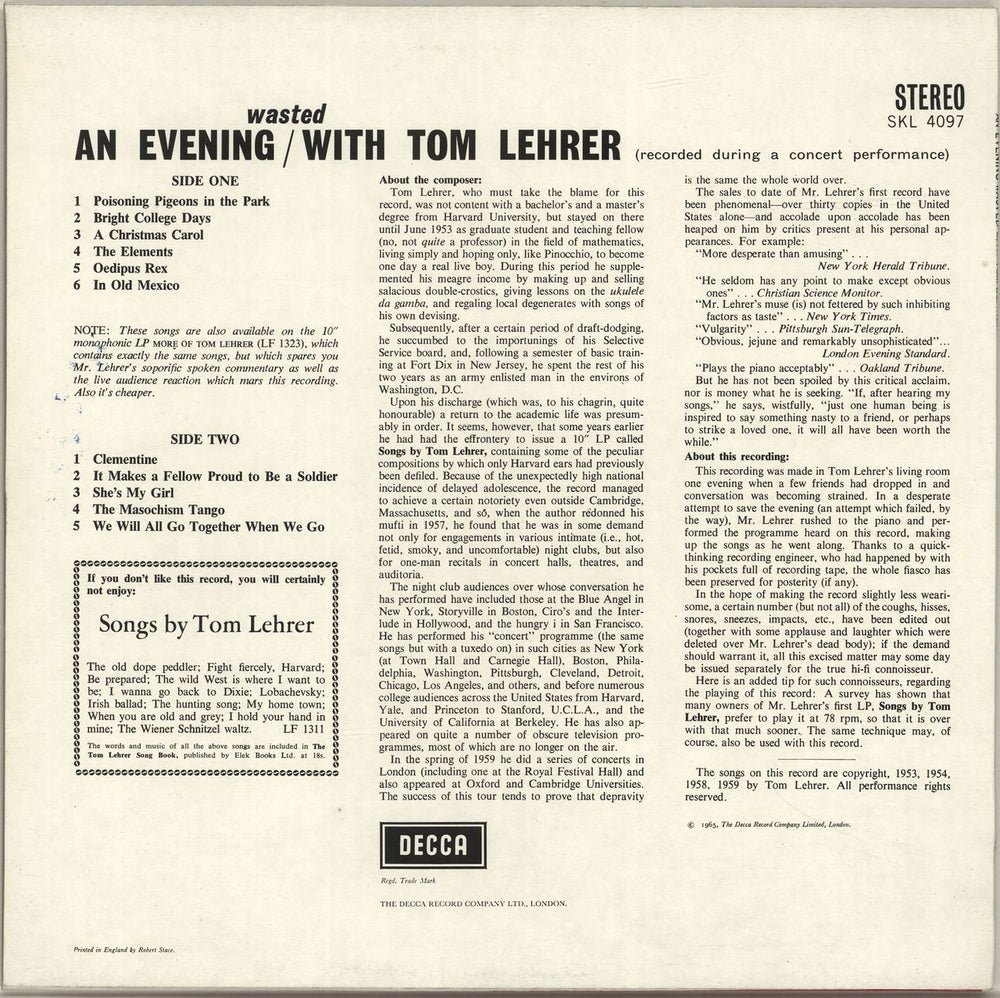 Tom Lehrer An Evening With Tom Lehrer UK vinyl LP album (LP record)