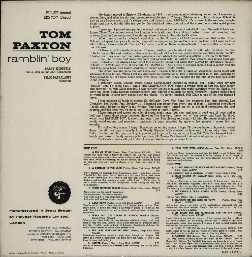 Tom Paxton Ramblin' Boy UK vinyl LP album (LP record)