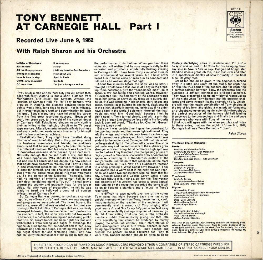 Tony Bennett At Carnegie Hall Part 1 - 2nd UK vinyl LP album (LP record)