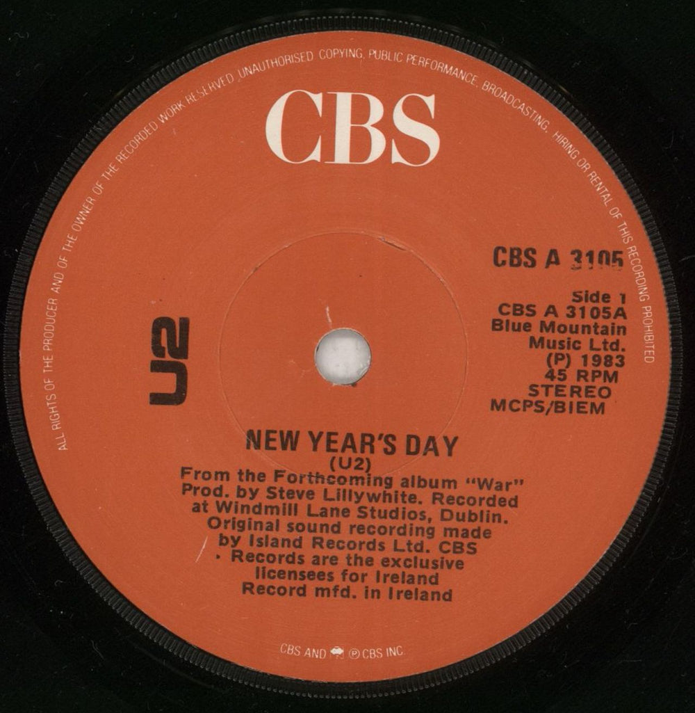 U2 New Year's Day - Red CBS Irish 7" vinyl single (7 inch record / 45) U-207NE302097