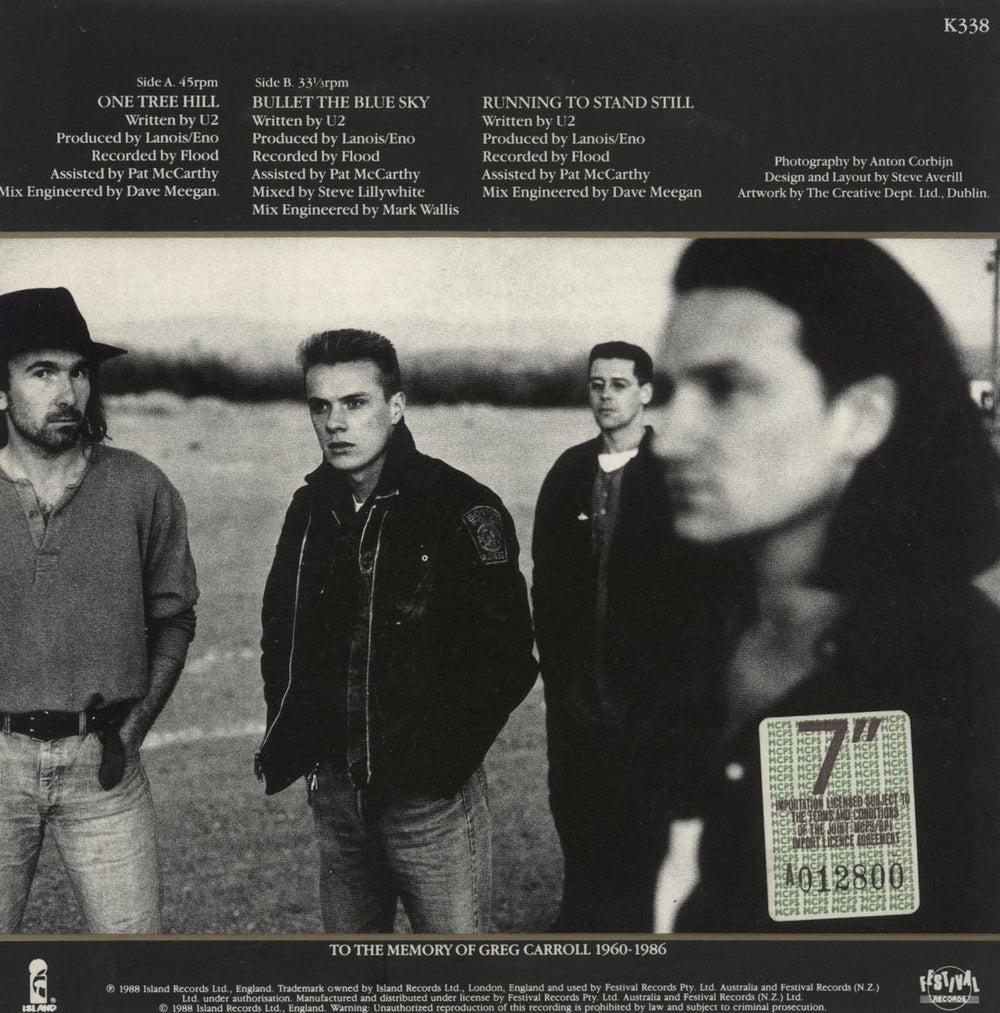 U2 One Tree Hill - EX Australian 7" vinyl single (7 inch record / 45)