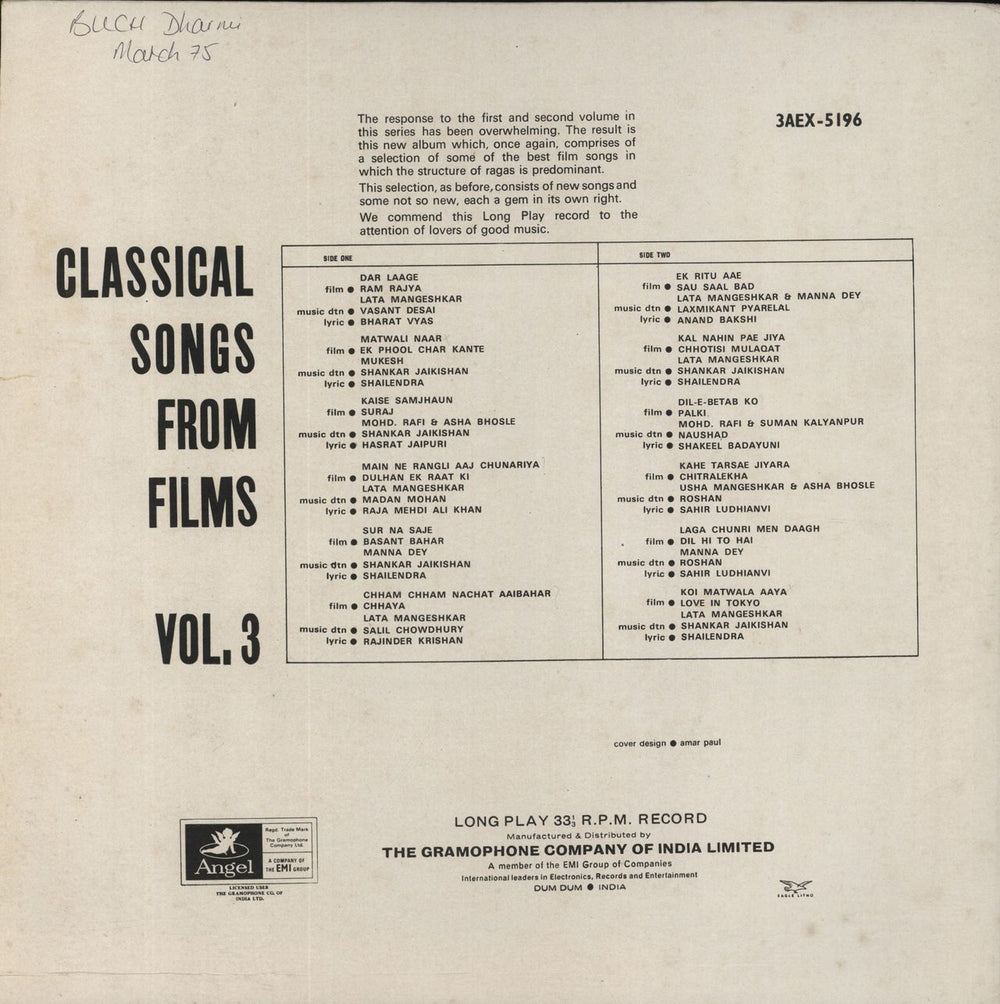 Various-Bollywood Classical Songs From Films (Vol-3) Indian vinyl LP album (LP record)