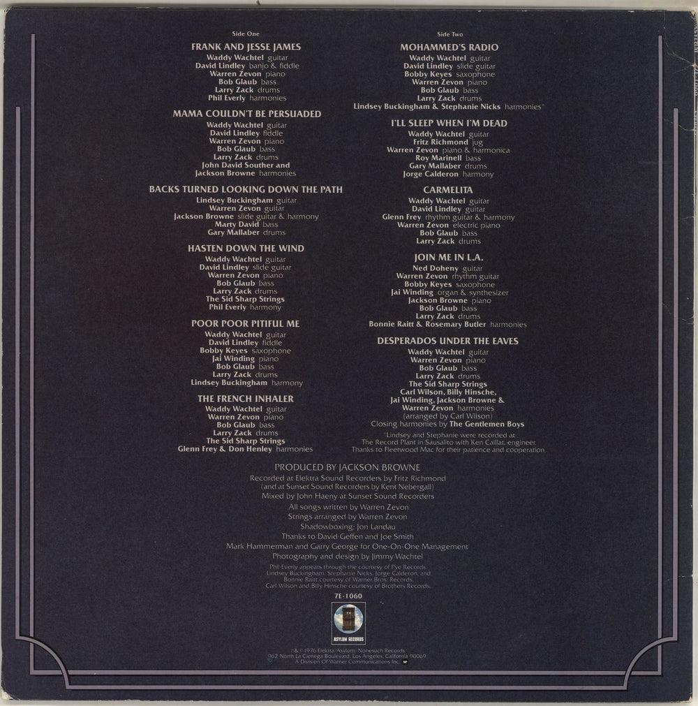 Warren Zevon Warren Zevon US vinyl LP album (LP record)