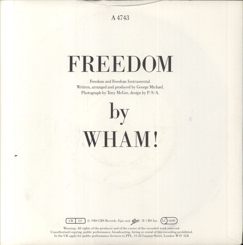 Wham Freedom - Picture Sleeve UK 7" vinyl single (7 inch record / 45)