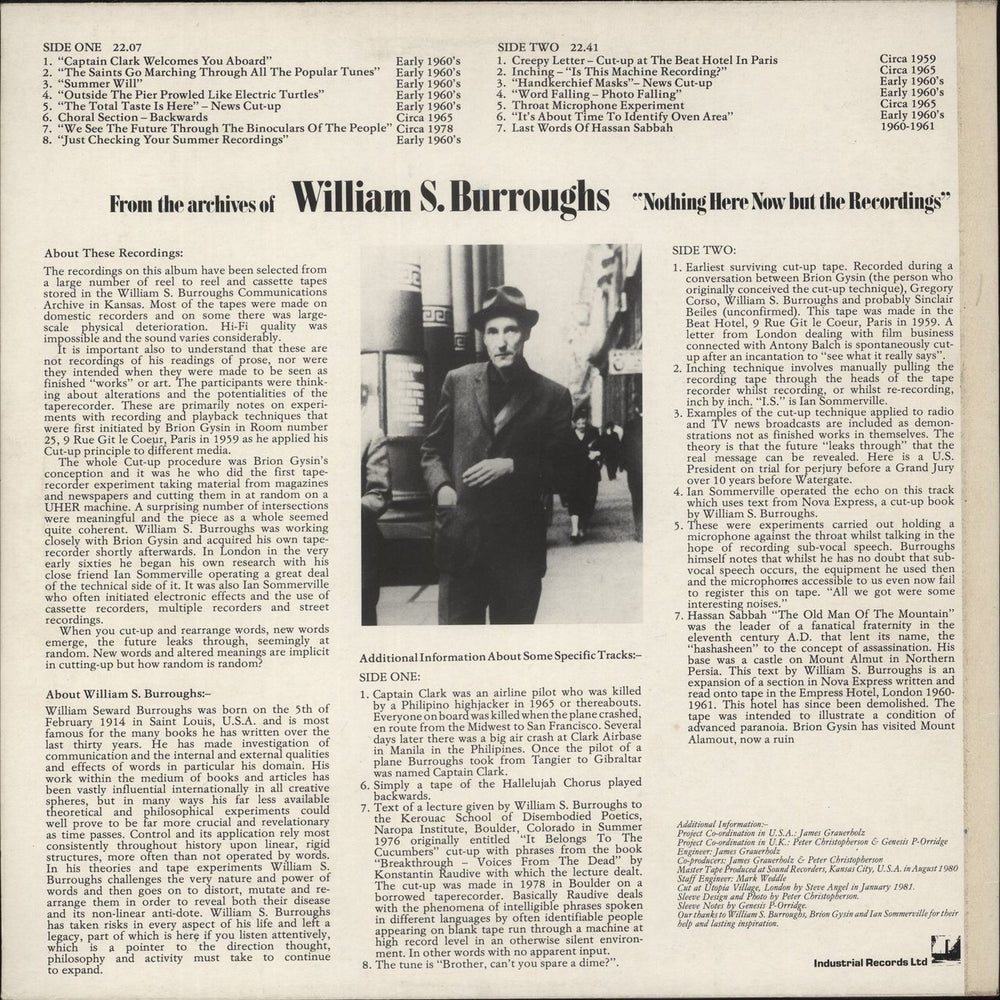 William S. Burroughs Nothing Here Now But The Recordings UK vinyl LP album (LP record)