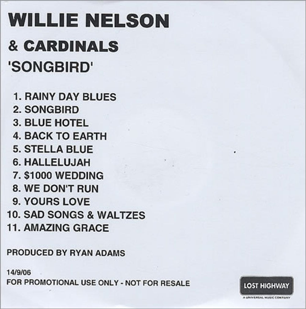 Willie Nelson Songbird UK CD-R acetate CD-R ACETATE