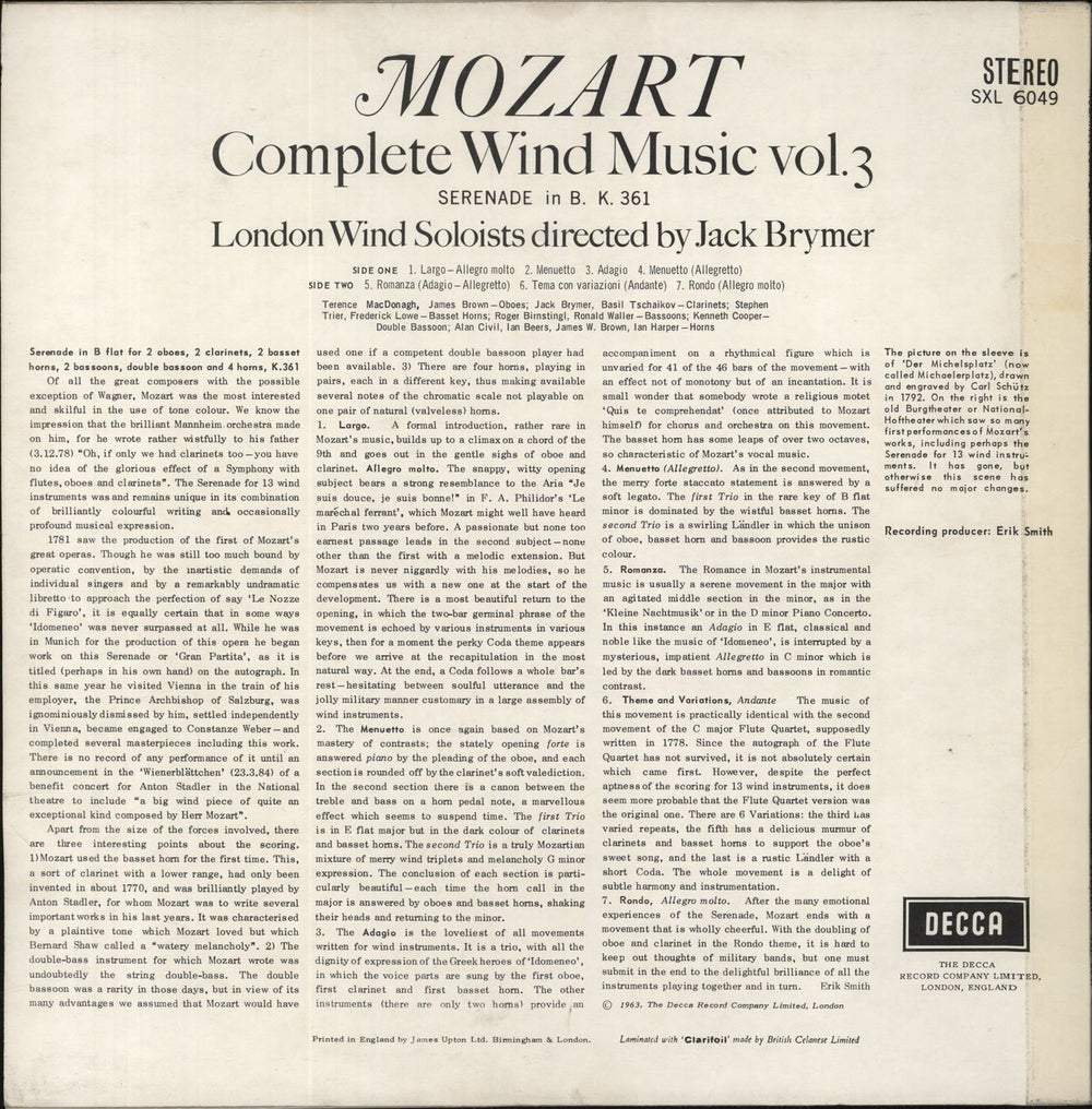 Wolfgang Amadeus Mozart Mozart: Complete Wind Music Vol.3 UK vinyl LP album (LP record)