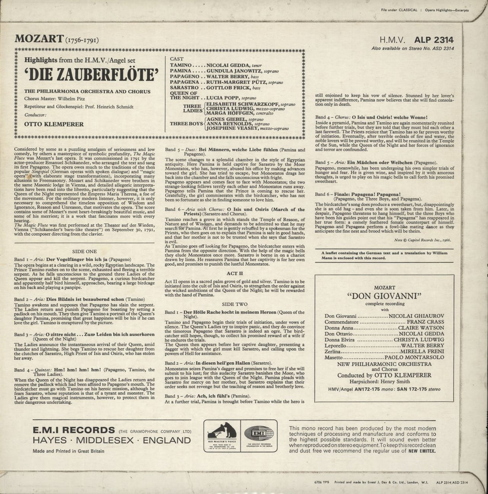 Wolfgang Amadeus Mozart Mozart: Die Zauberflöte Highlights UK vinyl LP album (LP record)