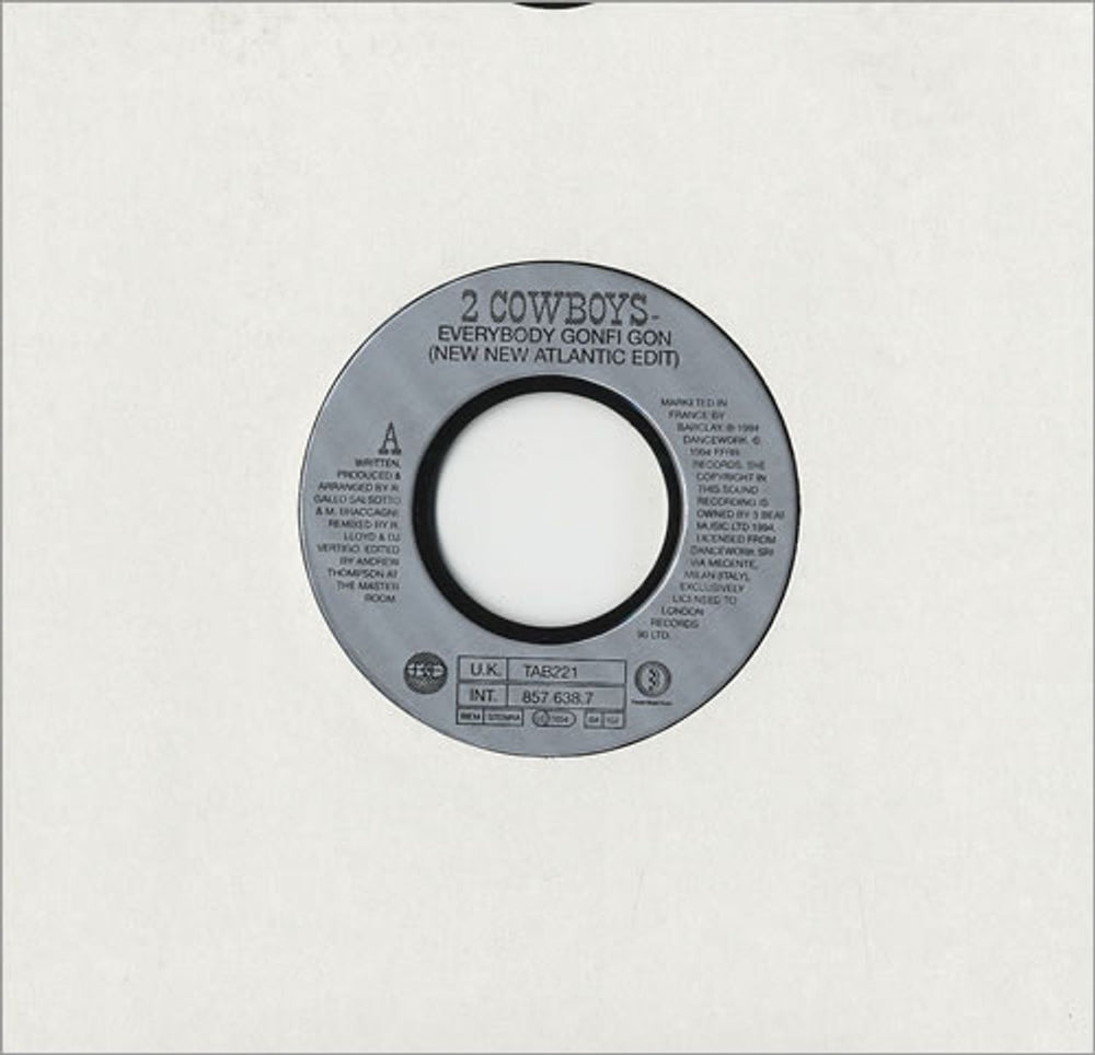 2 Cowboys Everybody Gonfi Gon (New New Atlantic Edit) French 7" vinyl single (7 inch record / 45) TAB221