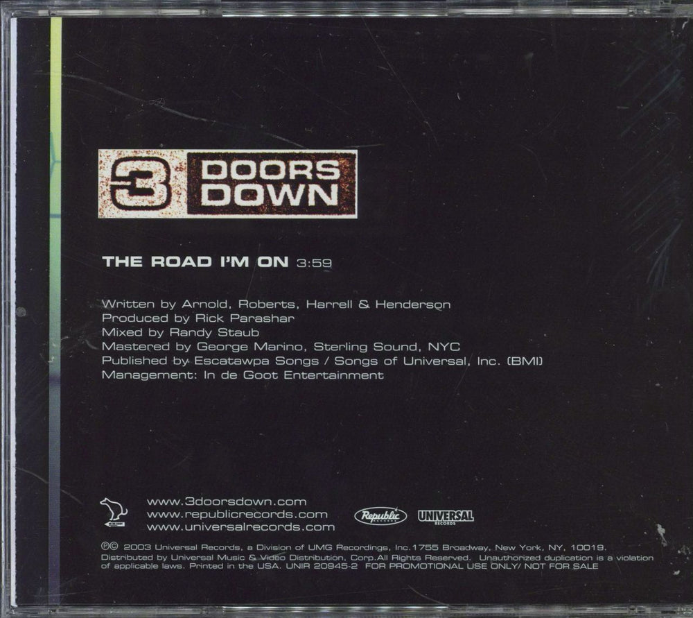 3 Doors Down The Road I'm On US Promo CD single (CD5 / 5")