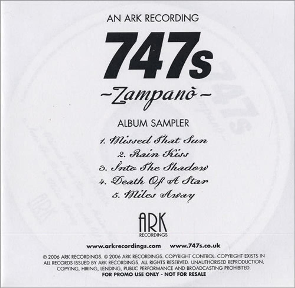 747s Zampano - Album Sampler UK Promo CD-R acetate CD-R ACETATE