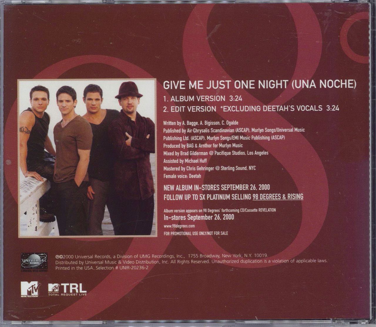 98 Degrees Give Me Just One Night - Una Noche US Promo CD single —  RareVinyl.com