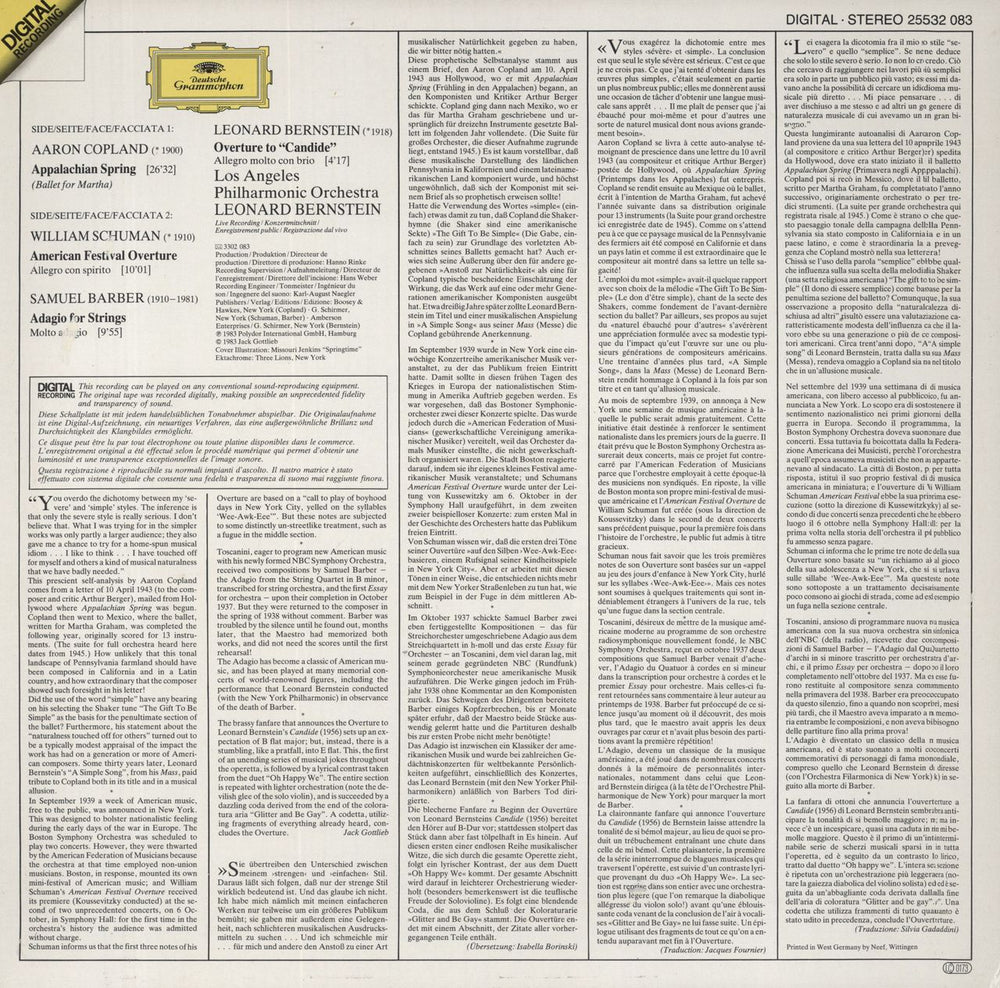 Aaron Copland Appalachan Spring/Adagio For Strings/ Candide Overture German vinyl LP album (LP record)