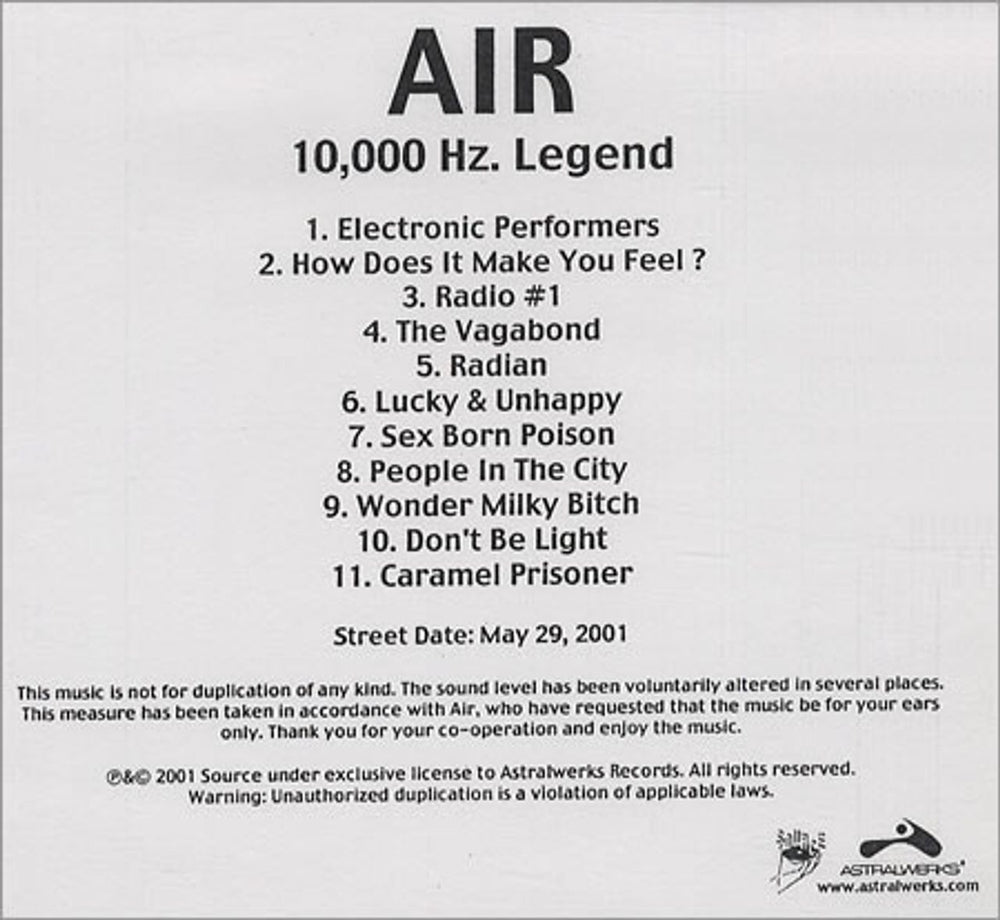 Air (French) 10,000Hz Legend US Promo CD-R acetate CD ACETATE