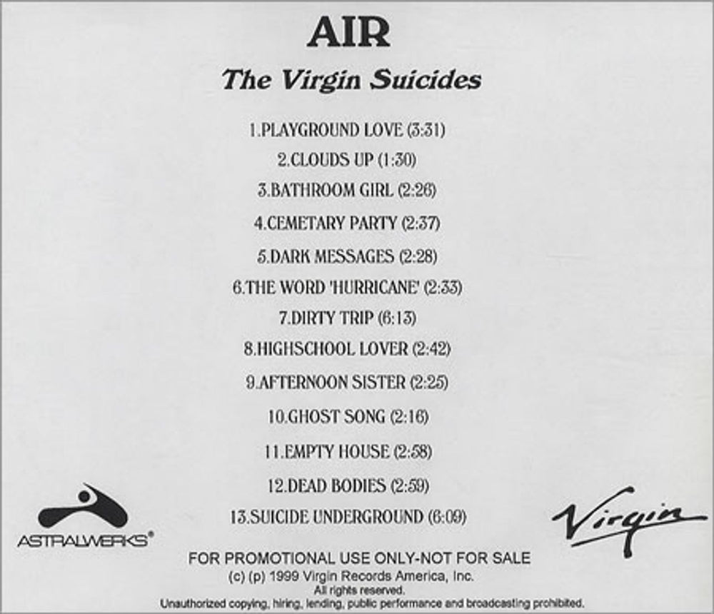 Air (French) The Virgin Suicides US Promo CD-R acetate CD ACETATE
