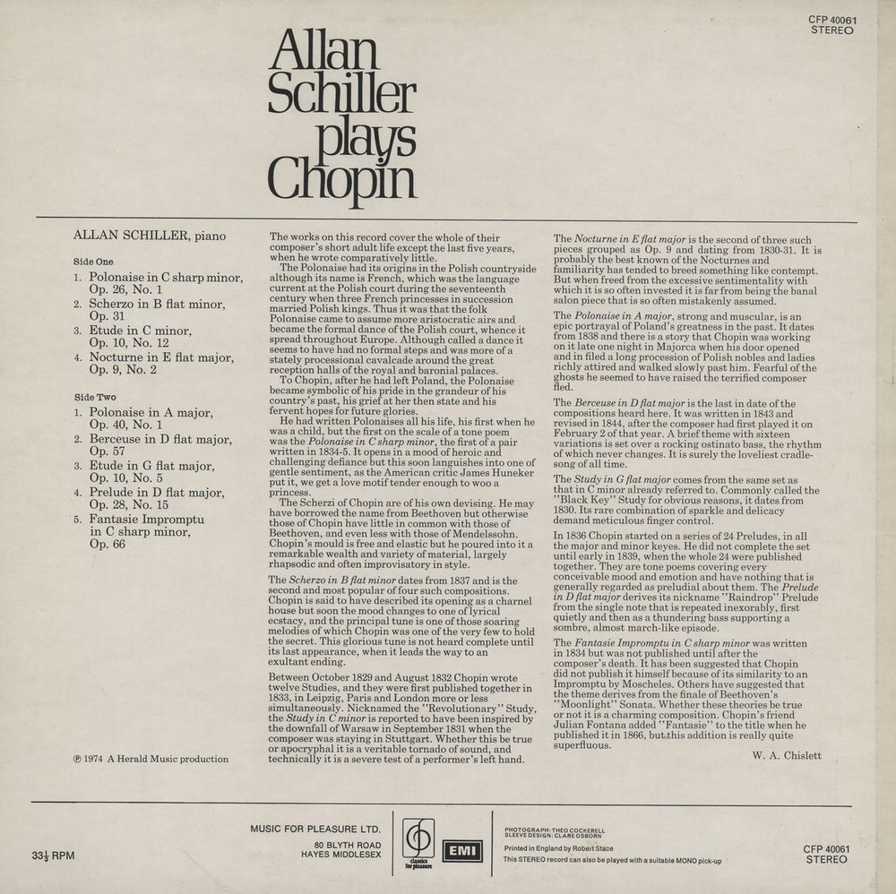 Allan Schiller Allan Schiller Plays Chopin UK vinyl LP album (LP record)