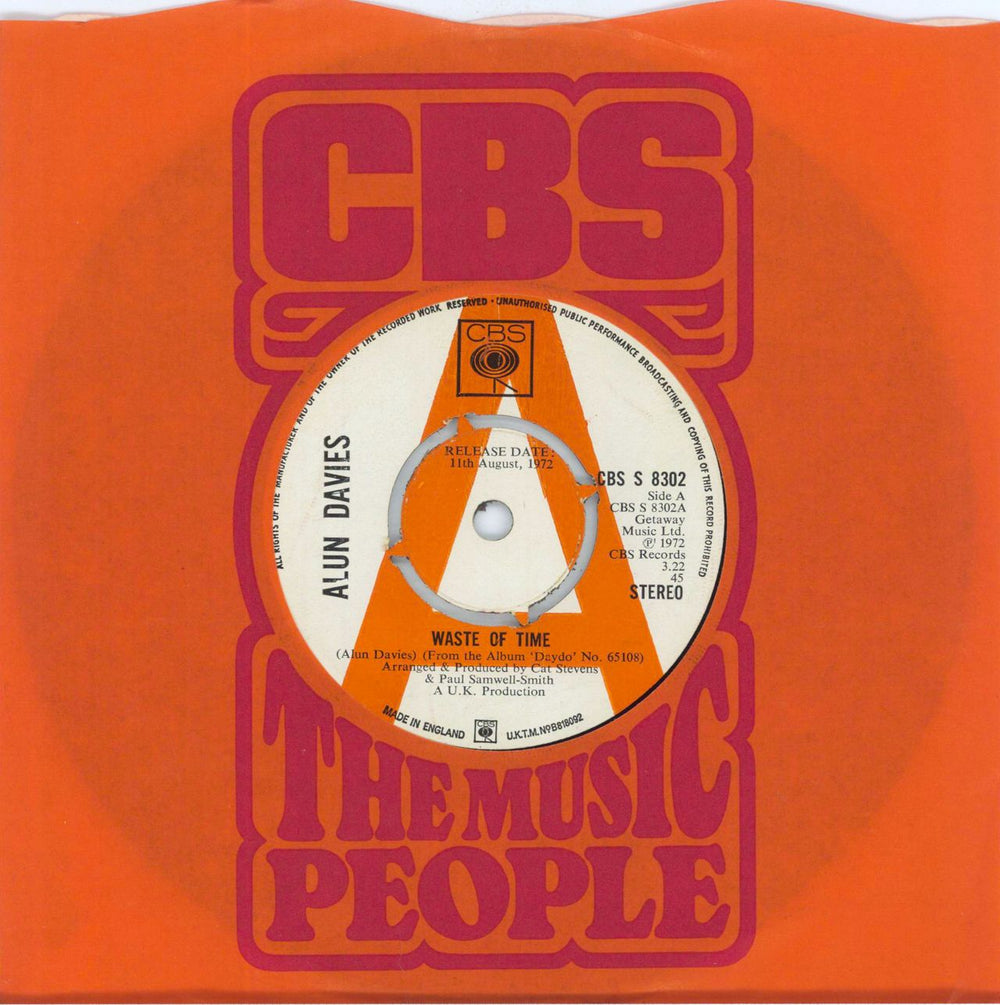 Alun Davies Waste Of Time UK Promo 7" vinyl single (7 inch record / 45) CBSS8302