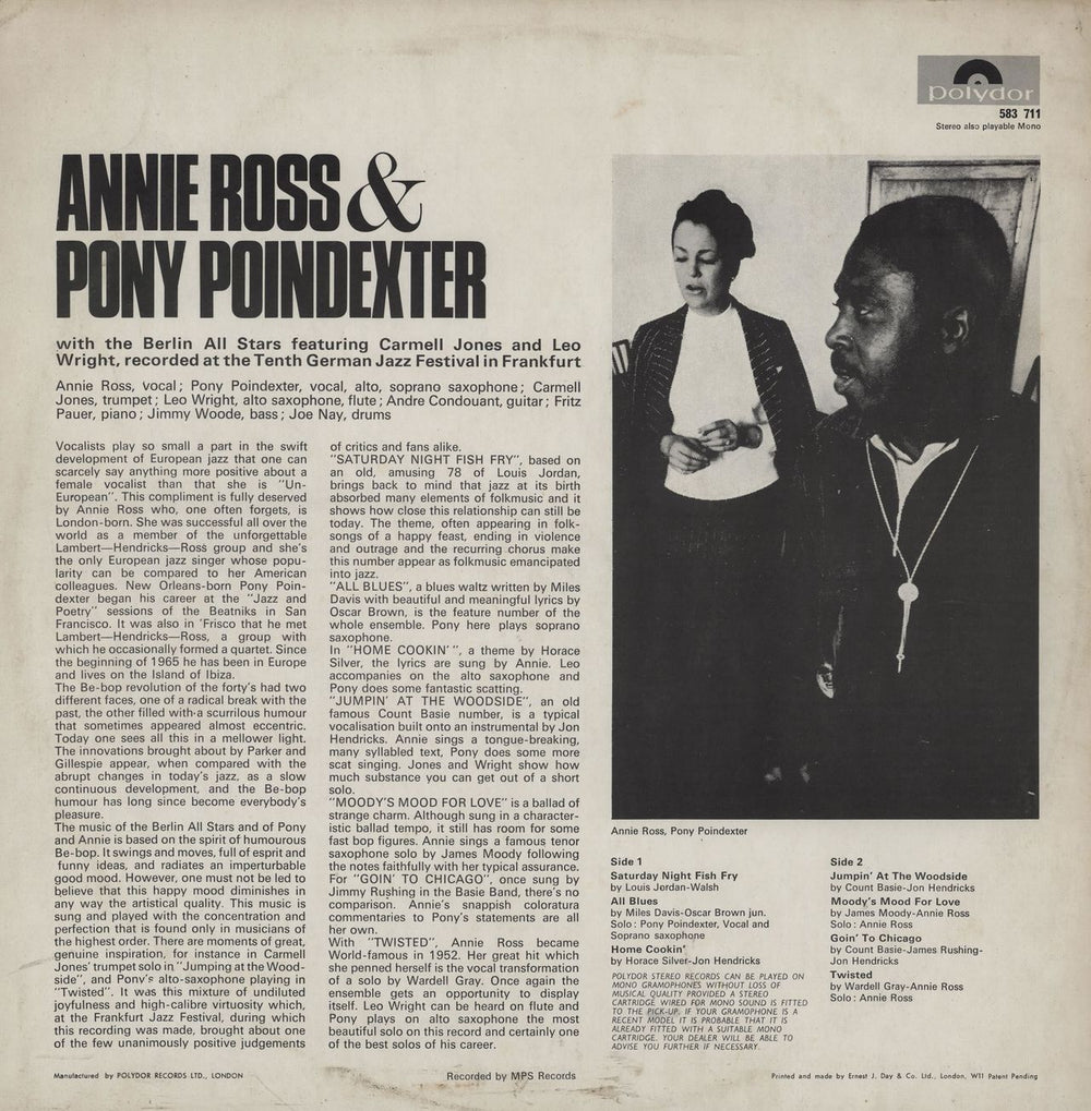 Annie Ross Annie Ross & Pony Poindexter - EX UK vinyl LP album (LP record)