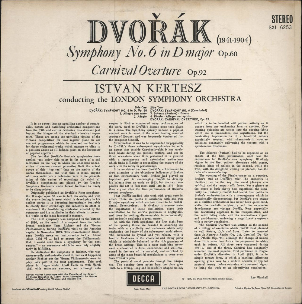 Antonín Dvorák Symphony No. 6 in D Major / Carnival Overture - 1st UK vinyl LP album (LP record)