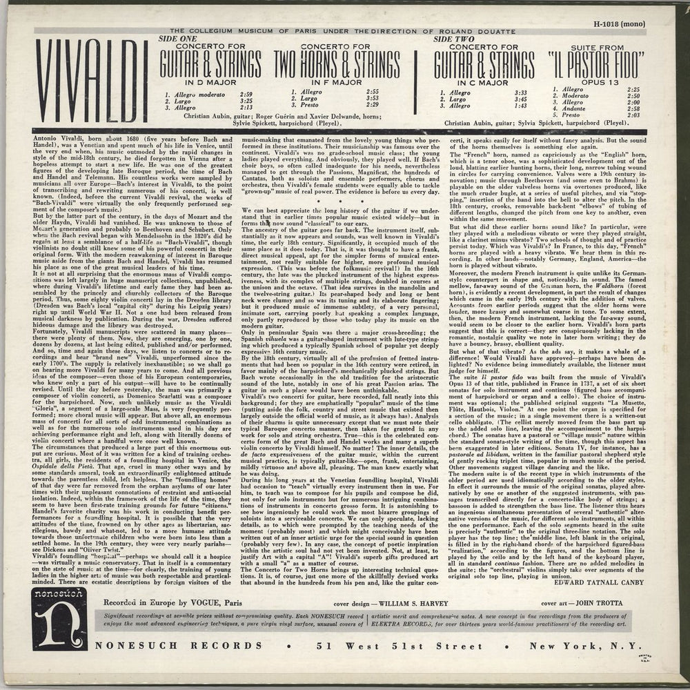 Antonio Vivaldi Concerto For Two Horns & Strings; Guitar & Strings in C & D Major / "Il Pastor Fido", Op. 13 US vinyl LP album (LP record)