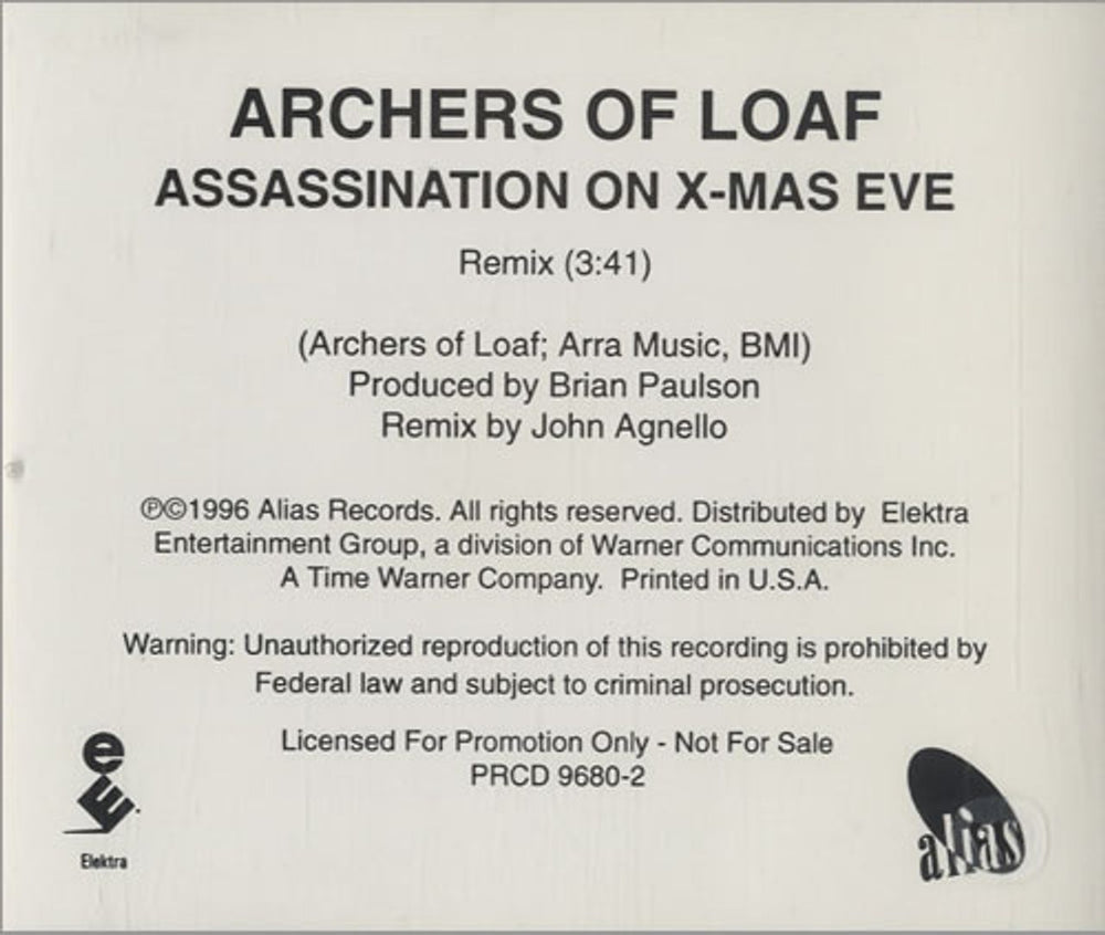 Archers Of Loaf Assassination On X-Mas Eve US Promo CD single (CD5 / 5") PRCD9680-2