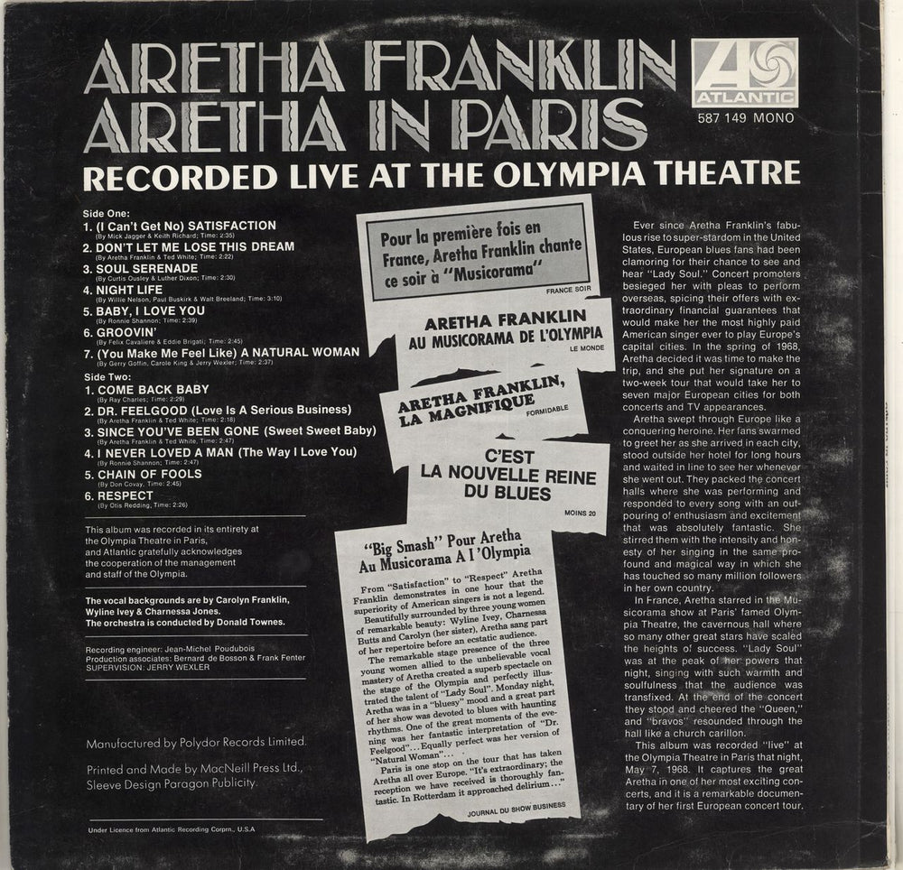 Aretha Franklin Aretha In Paris UK vinyl LP album (LP record) ARELPAR281705