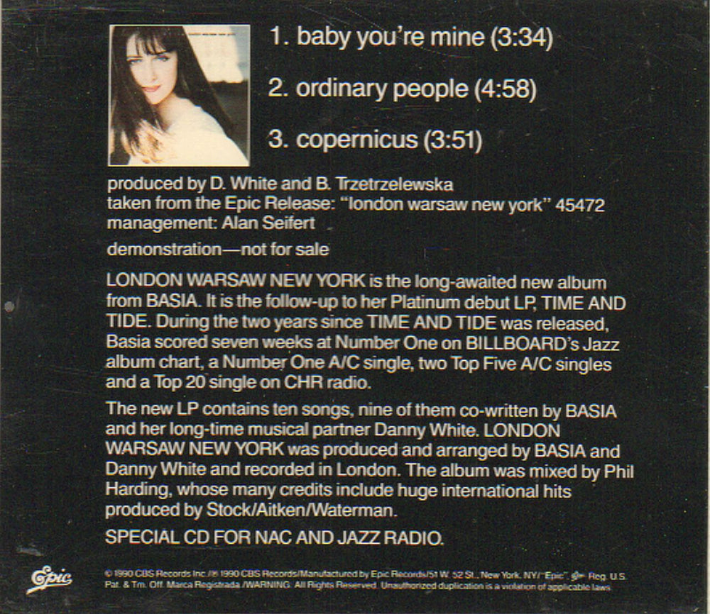 Basia Special 3-Song Sampler US Promo CD single (CD5 / 5") BSIC5SP31209
