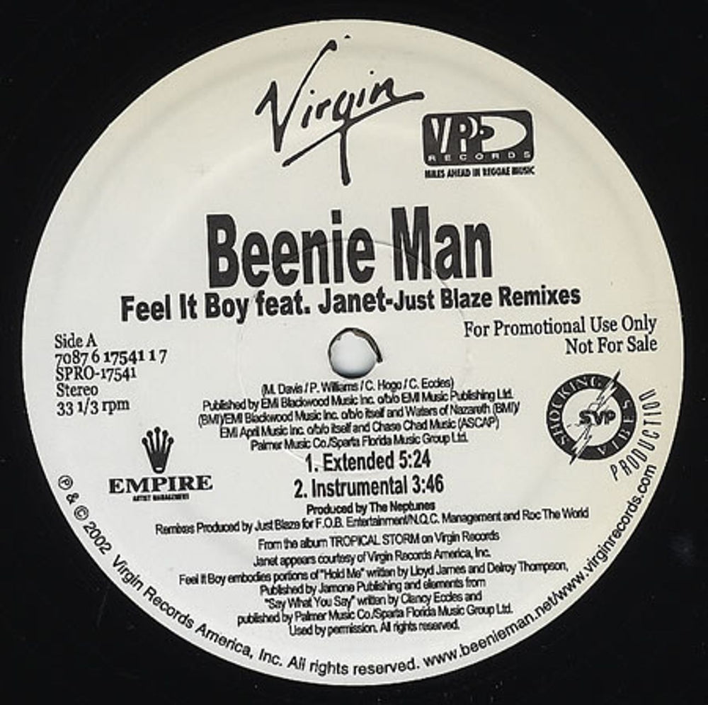 Beenie Man Feel It Boy US Promo 12" vinyl single (12 inch record / Maxi-single) SPRO-17541