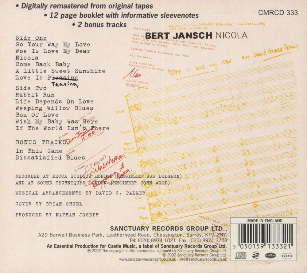 Bert Jansch Nicola: Remastered + Slipcase UK CD album (CDLP) 5050159133321