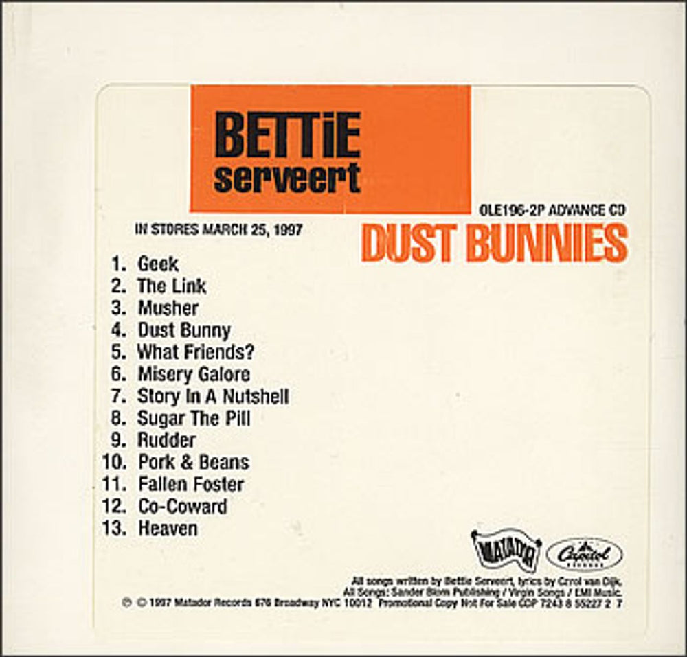 Bettie Serveert Dust Bunnies US Promo CD album (CDLP) OLE196-2P