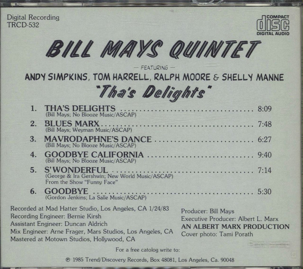 Bill Mays Tha's Delights US CD album (CDLP)