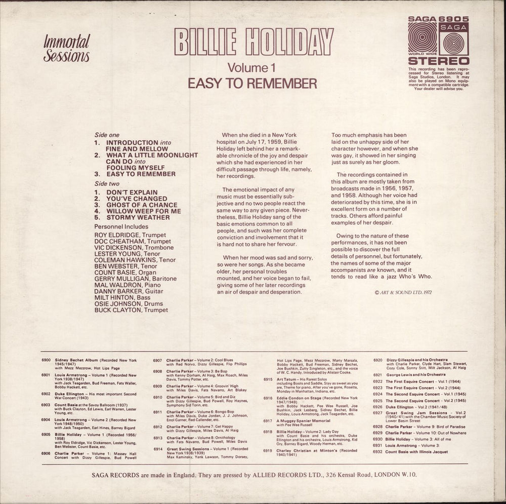 Billie Holiday Billie Holiday Volume 1: Easy To Remember UK vinyl LP album (LP record)