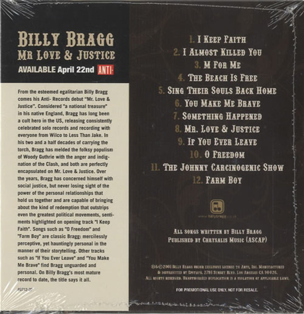 Billy Bragg Mr Love Justice US Promo CD album (CDLP) BBRCDMR451815