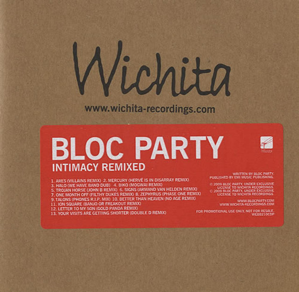 Bloc Party Intimacy Remixed UK Promo CD album (CDLP) WEBB210CDP