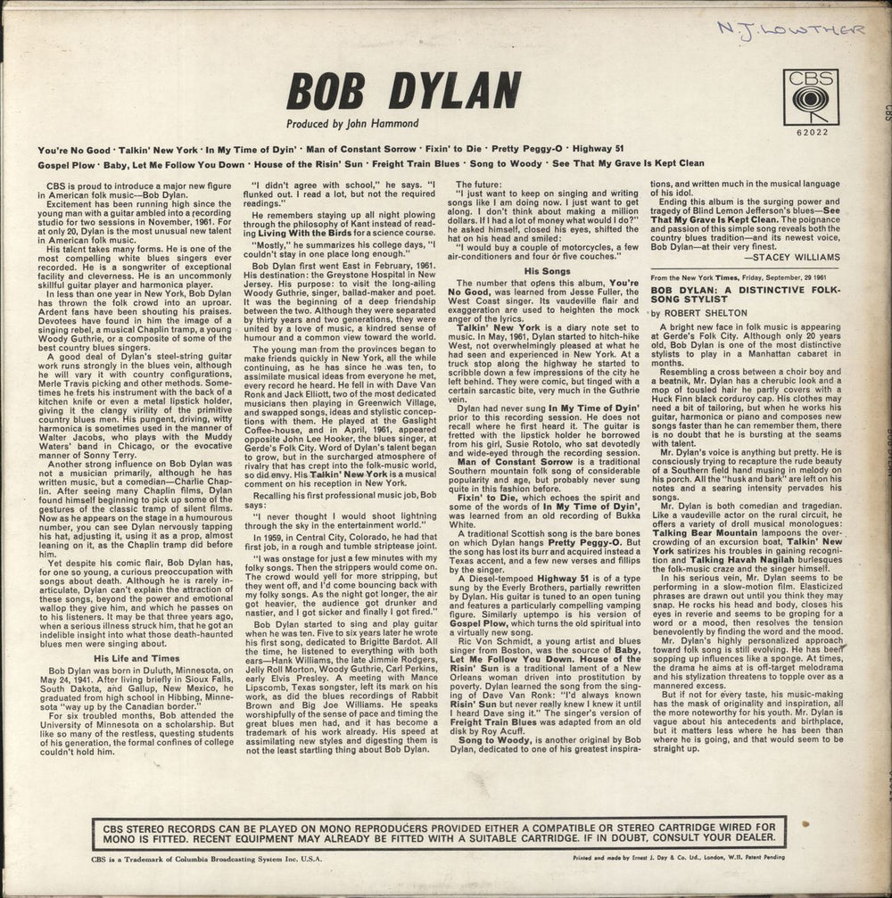 Bob Dylan Bob Dylan - misprint label - WOS UK vinyl LP album (LP record)