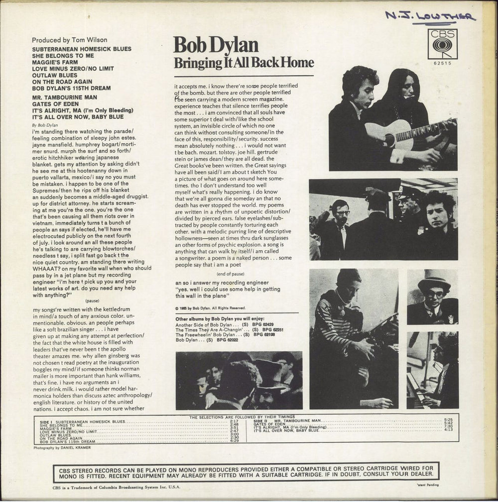 Bob Dylan Bringing It All Back Home - Late 60s - WOS/L UK vinyl LP album (LP record)