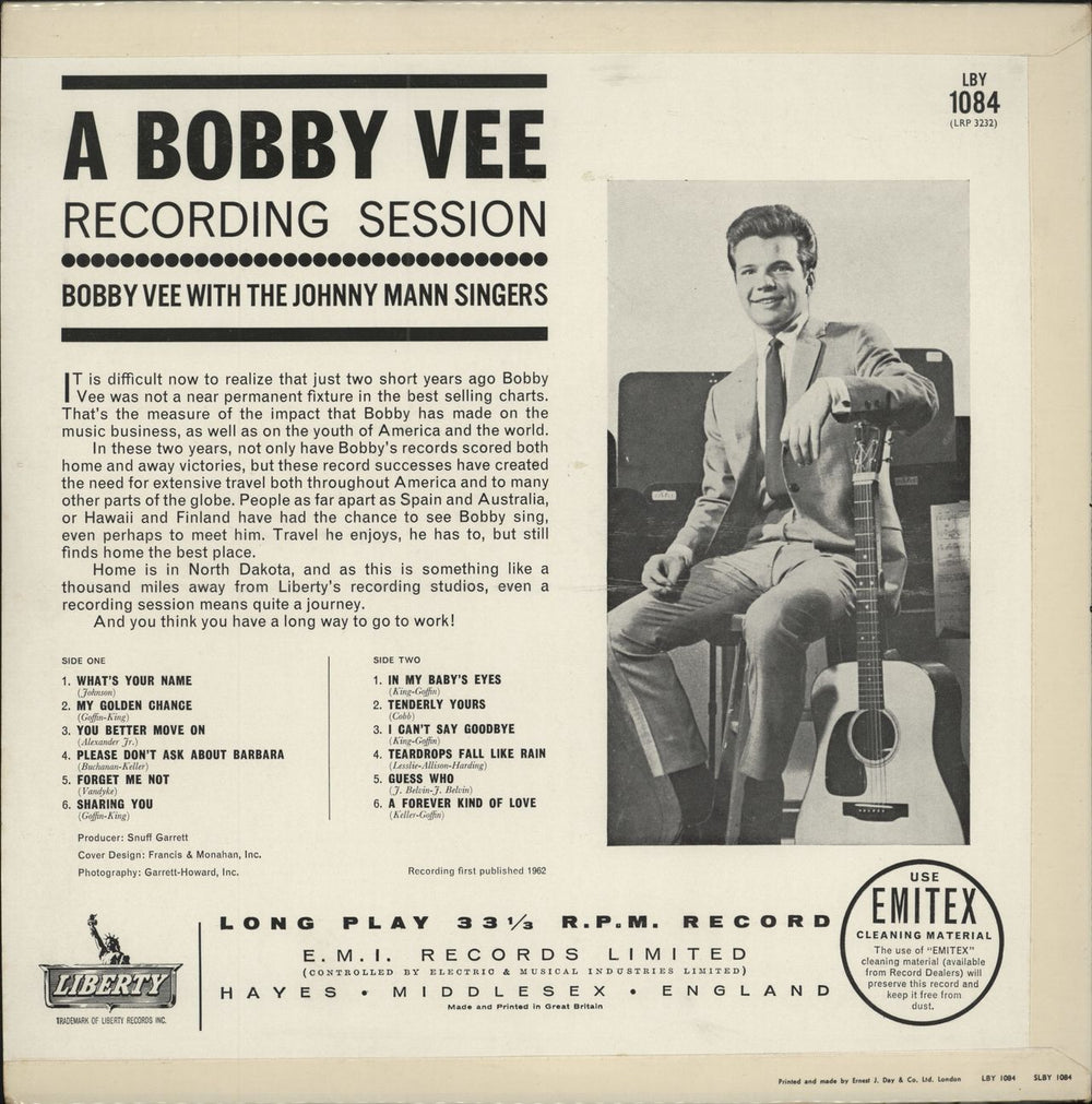 Bobby Vee A Bobby Vee Recording Session UK vinyl LP album (LP record) BYVLPAB789745