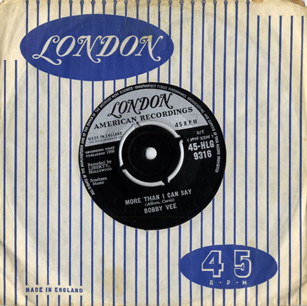 Bobby Vee More Than I Can Say UK 7" vinyl single (7 inch record / 45) 45-HLG9316