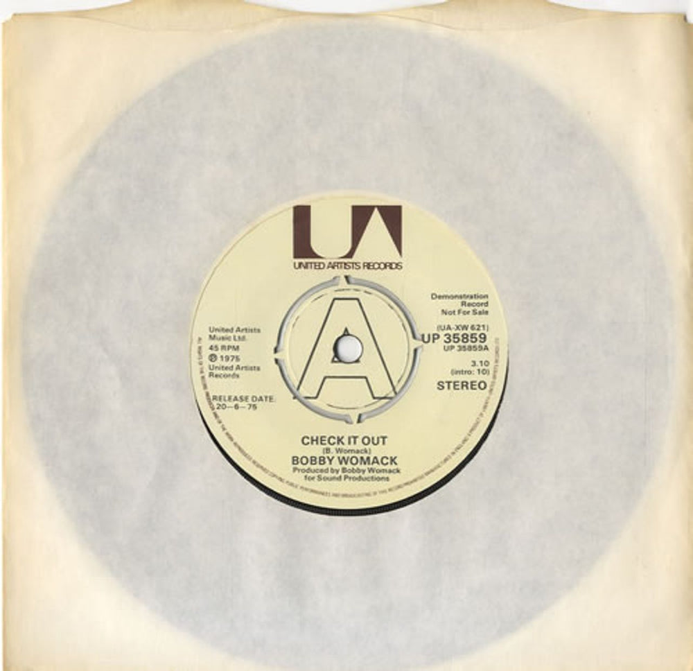 Bobby Womack Check It Out - A Label UK Promo 7" vinyl single (7 inch record / 45) UP35859