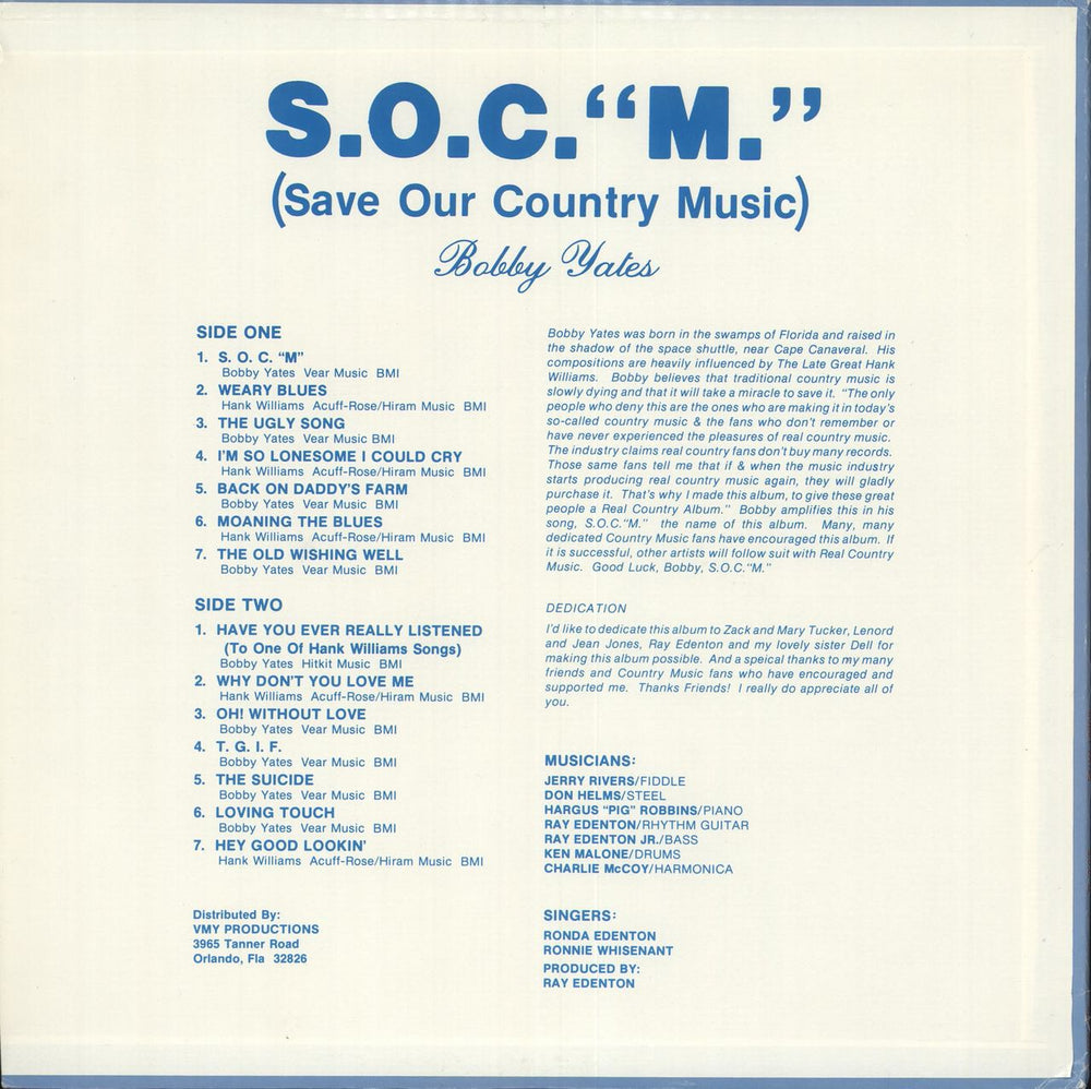 Bobby Yates S.O.C. "M" (Save Our Country Music) US vinyl LP album (LP record)