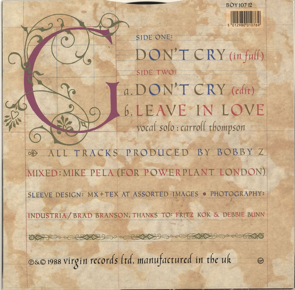 Boy George Don't Cry UK 12" vinyl single (12 inch record / Maxi-single) 5012980010769
