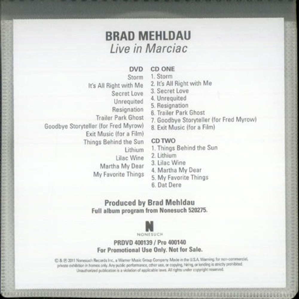 Brad Mehldau Live In Marciac US Promo 3-disc CD/DVD Set PRDVD400139/PRO400140