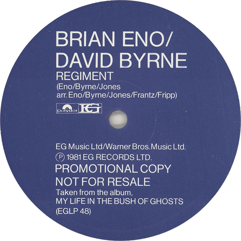 Brian Eno & David Byrne Regiment UK Promo 12" vinyl single (12 inch record / Maxi-single) ENOX1