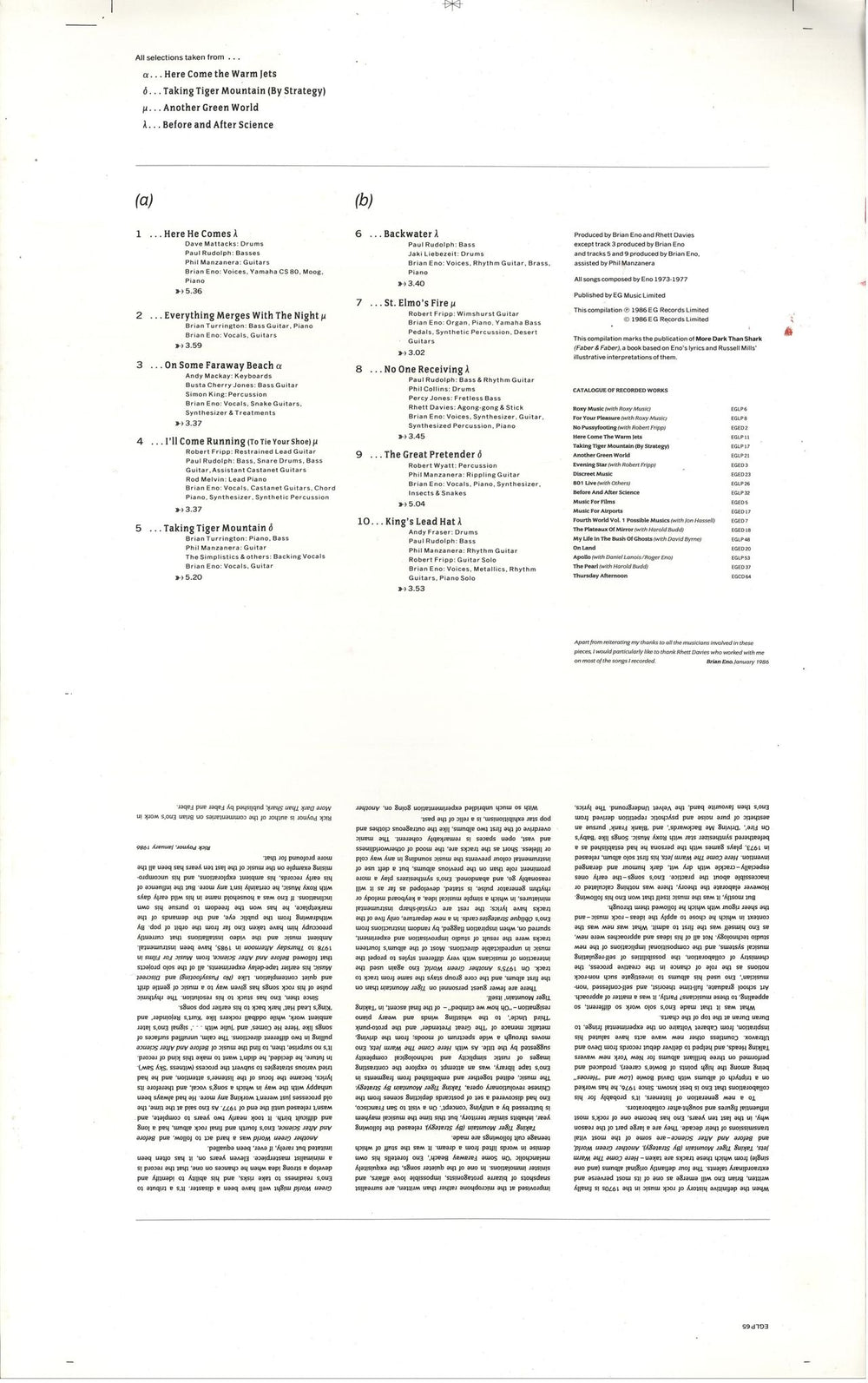 Brian Eno More Blank Than Frank - Artwork Sheet LP Inner UK Promo artwork PROOF ARTWORK